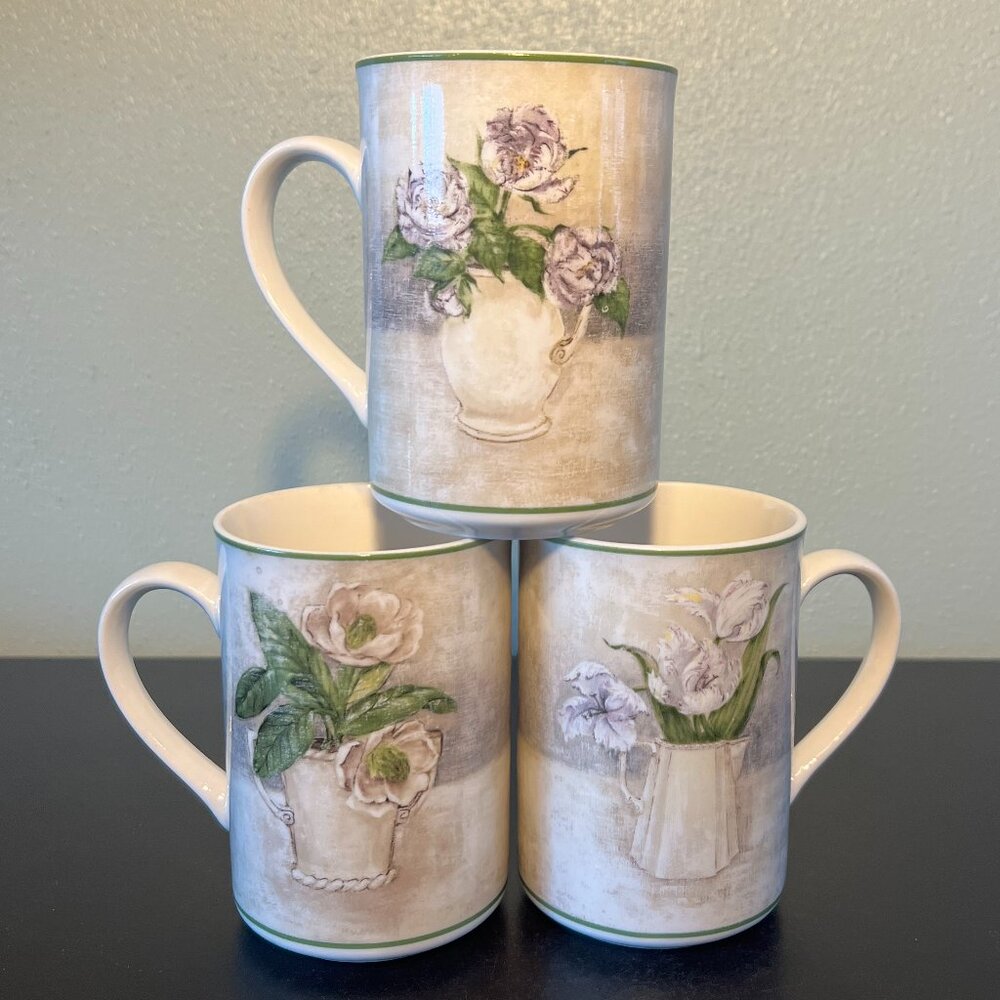 American Atelier FLORAL BOUQUET White Purple Porcelain Coffee Mugs Set of 3 Cups